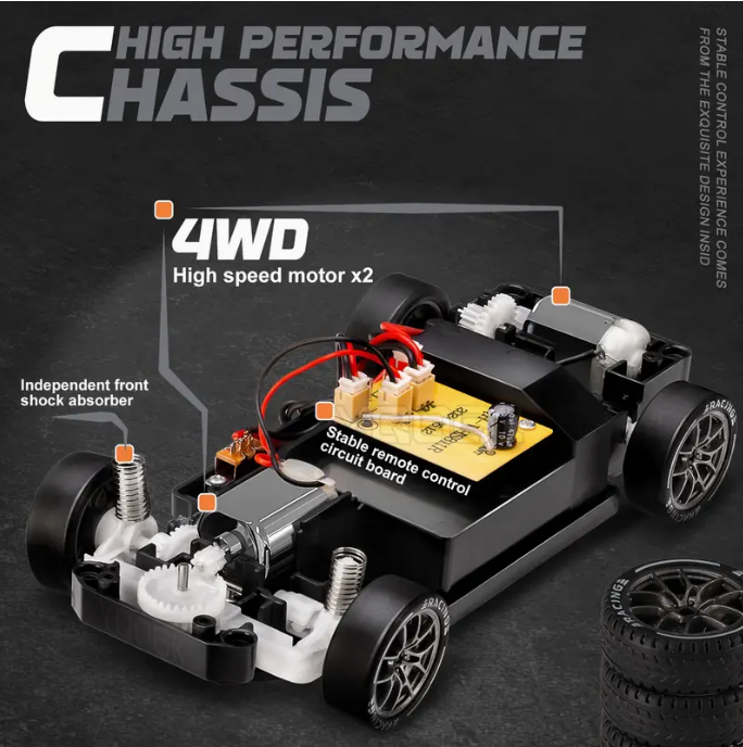 4WD RC Drift Car – 1:24 Scale with Dual Tires and LED Lights