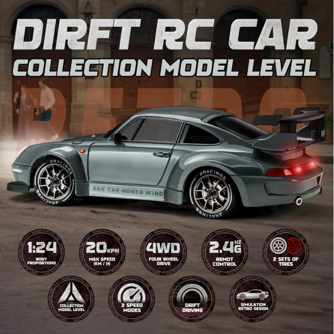 4WD RC Drift Car – 1:24 Scale with Dual Tires and LED Lights